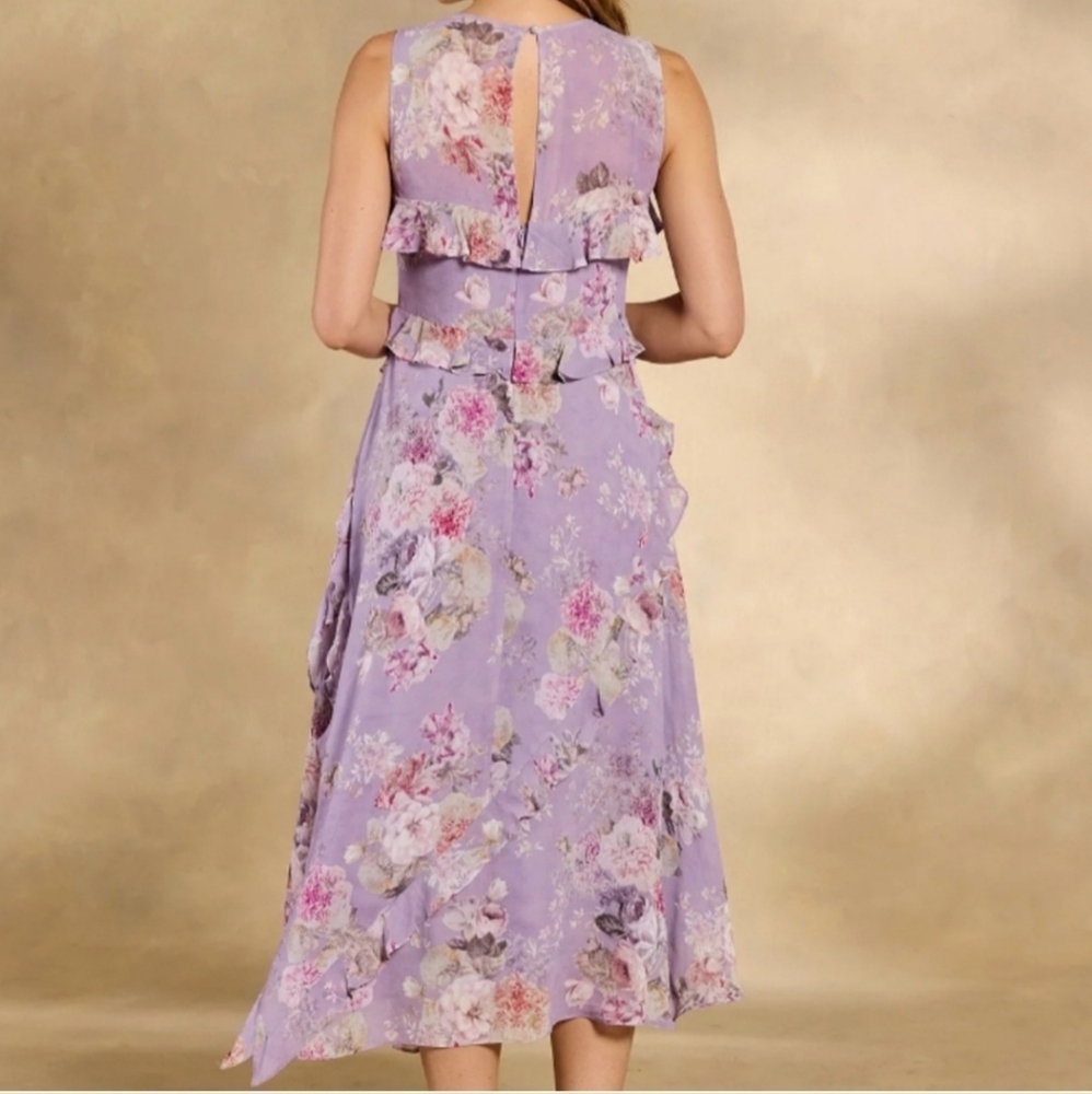 Sundance Faye Lilac Floral Midi Dress Size L Cottagecore Ruffle Asymetric Boho - Picture 3 of 14